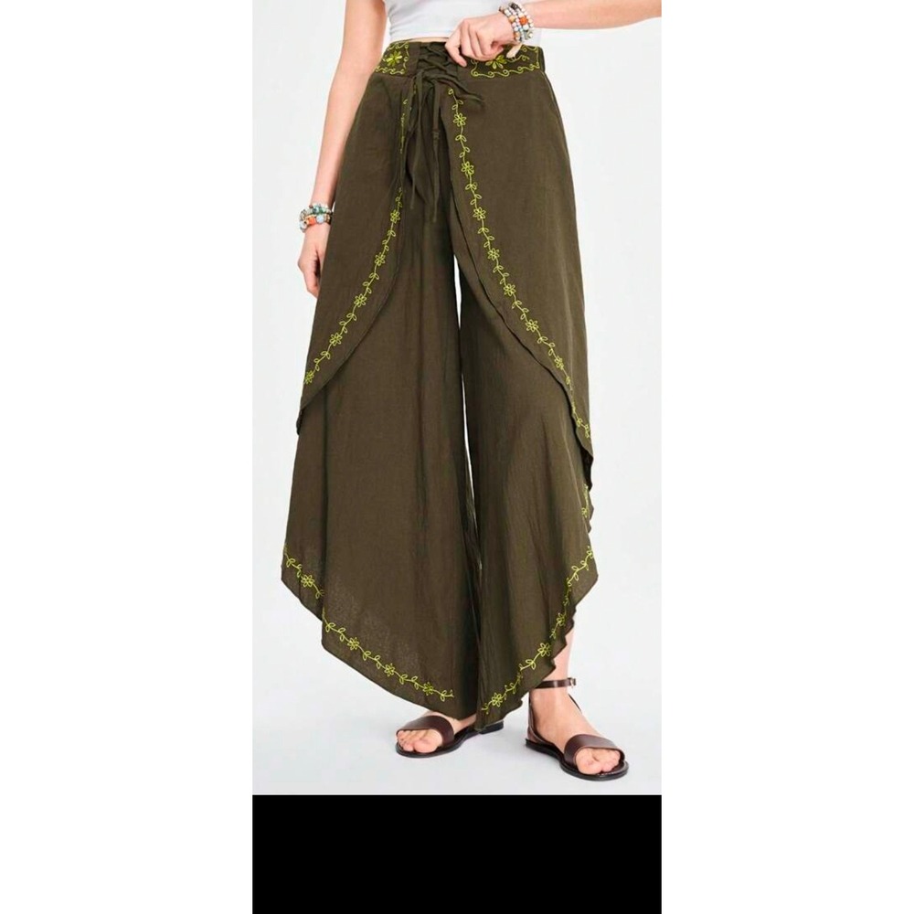 New ROMWE Womens Olive Green Embroidered Wide Leg Boho Tulip Pants Size S 4